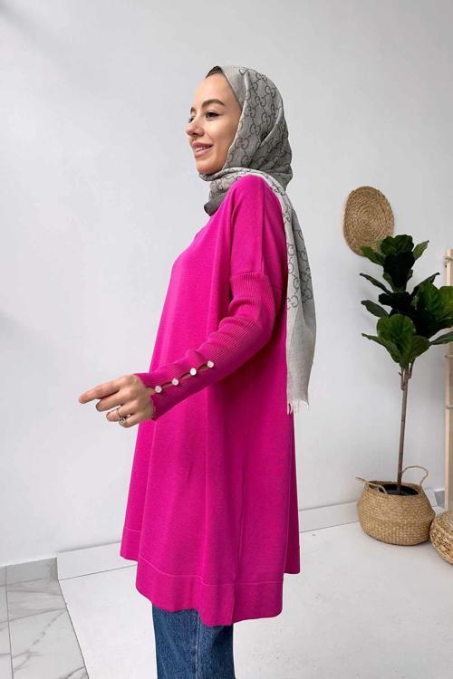 Kol Detay Merserize Tunik - Fuşya