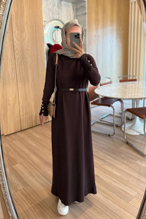 Kemerli Gömlek Yaka Merserize Elbise - Kahverengi