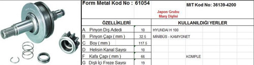 MARŞ DİŞLİSİ 10 DİŞ 10 KANAL JAPON TİPİ HYUNDAI H100 KOMPLE DS=10 DKÇ=32,5 BOY=117,5 KS=10 GÇ=66 DYF=19