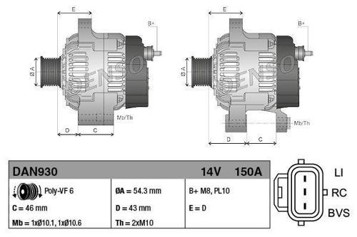 ALTERNATOR 12V (150A) FORD FIESTA V 04>08 FUSION 04>12 90PS FOCUS II 04>11 C MAX 03>11 1,6TDCI KUGA VOLVO C30 06>12 C70 