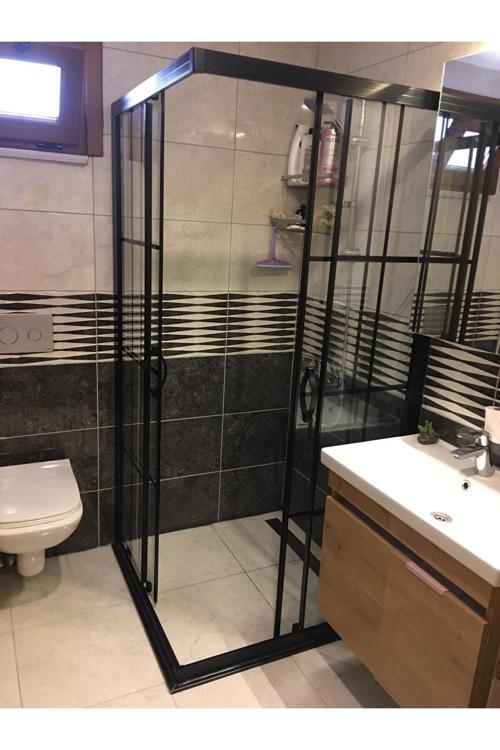 Duşakabin Köşe giriş, 5mm Siyah Artı Desenli Şeffaf Temperli Cam, Siyah Alüminyum H:190cm