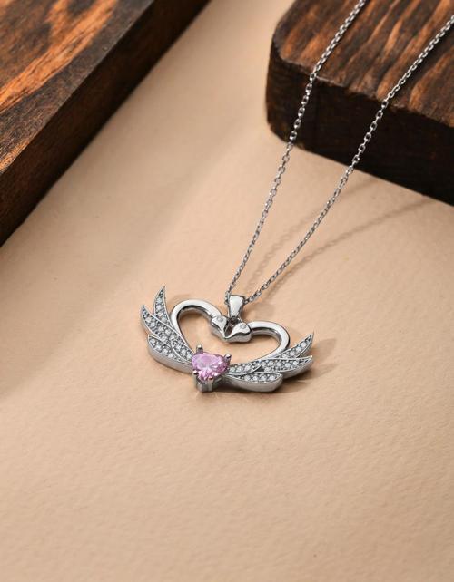 925 Ayar Zirkon Taşlı Rodyum Birleşen Kuğular Kalp Motifli Gümüş Aşk Kolyesi