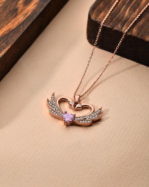 925 Ayar Zirkon Taşlı Rose Birleşen Kuğular Kalp Motifli Gümüş Aşk Kolyesi