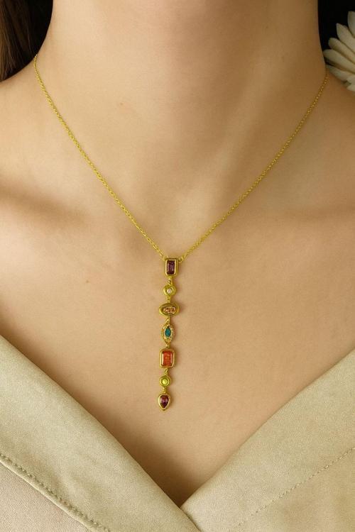 7 Element Y Kolye Gümüş Ve Gold Kaplama Çelik Zirkon Taşlı