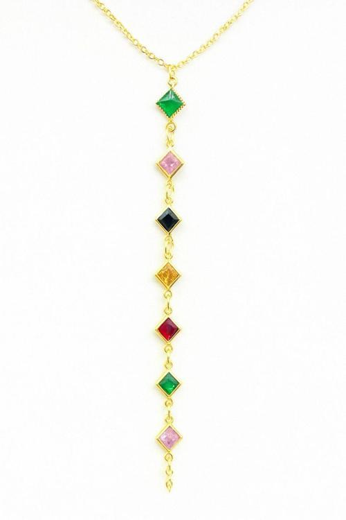 Rengarenk Kare Zirkon Taşlı Y Kolye Gold Çelik