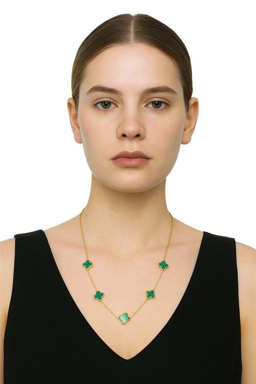 Yeşil Taşlı Yonca Gold Kolye