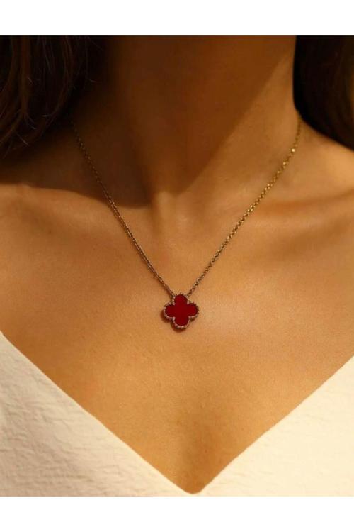 Bordo Yonca Gold Ve Gümüş Renk Tekli Kolye