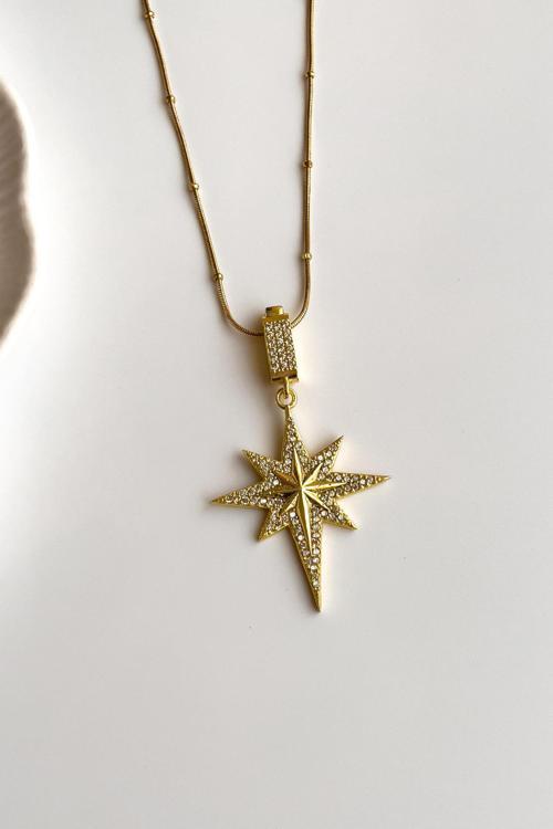 Zirkon Taşlı Kuzey Yıldızı Paslanmaz Çelik Kolye – Gold Renk Kararmaz