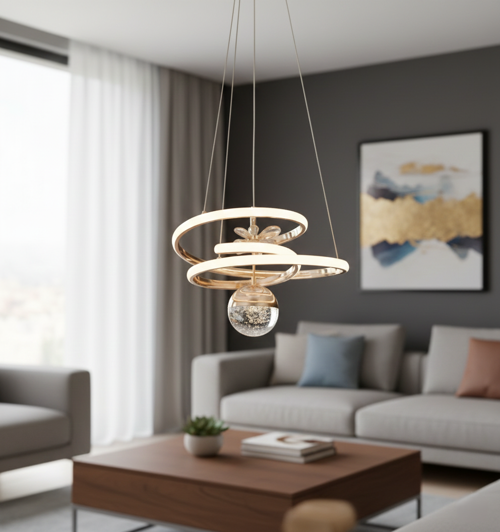 DG2030-G Çiçekli Kristal Küreli Krom Çift Halka RGB LED Avize – Gold Kaplama (Yerli Üretim)