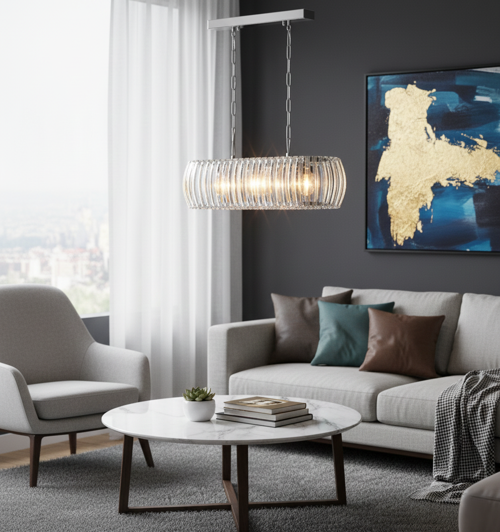 DG2017-G Krom Zincirli Taşlı Dikdörtgen Kristal Avize – Gümüş (Yerli Üretim)