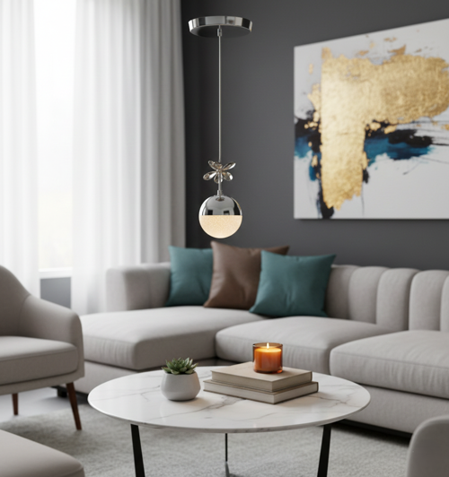 DG2021-G Çiçek Formlu Tek Küreli RGB LED Sarkıt Avize – Gümüş Kaplama (Modern Tasarım)