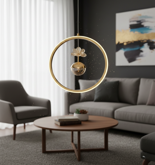 DG2025 Çiçekli Kristal Küreli Gold RGB LED Avize – Gold Kaplama (Modern Tasarım)