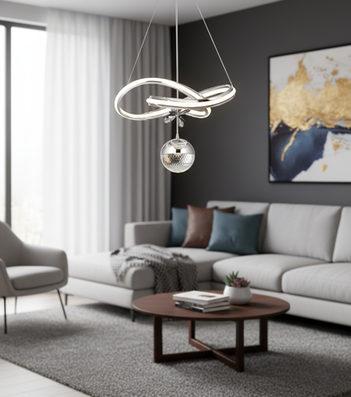 DG2027 Kristal Küreli Krom Loop RGB LED Avize – Krom Kaplama (Yerli Üretim)