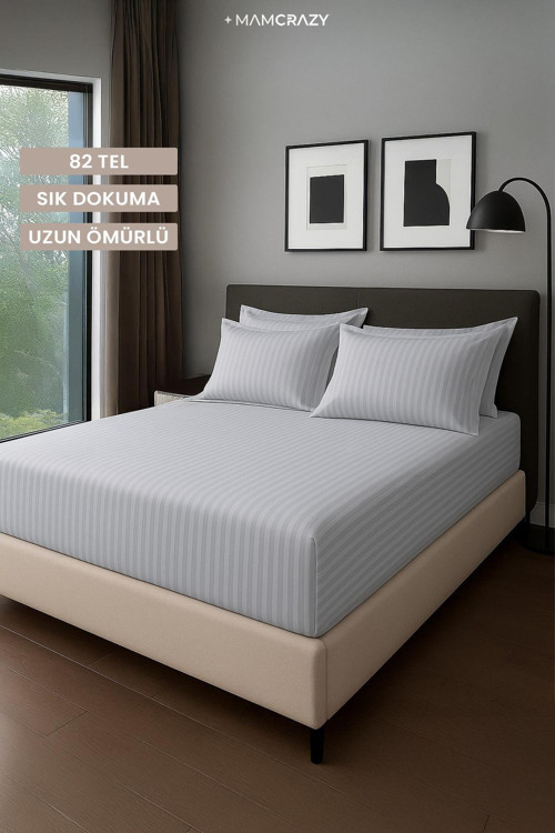 Satin Stripe %100 Pamuk Saten Çift Kişilik Çizgili Lastikli Çarşaf Seti Yastıklı 160X200+30