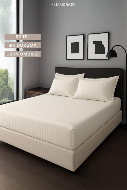 Satin Stripe %100 Pamuk Saten Çift Kişilik Çizgili Lastikli Çarşaf Seti Yastıklı 160X200+30