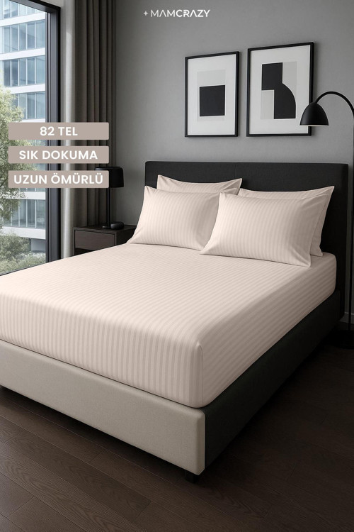 Satin Stripe %100 Pamuk Saten Tek Kişilik Çizgili Lastikli Çarşaf Seti Yastıklı 120X200+30