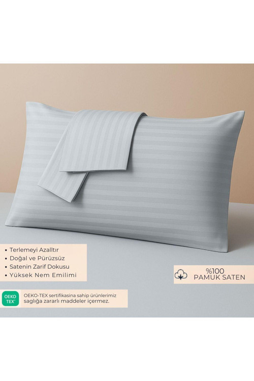 %100 Pamuk Saten Yastık Kılıfı 2'Li – Antrasit, Çizgili (50X70 Cm)