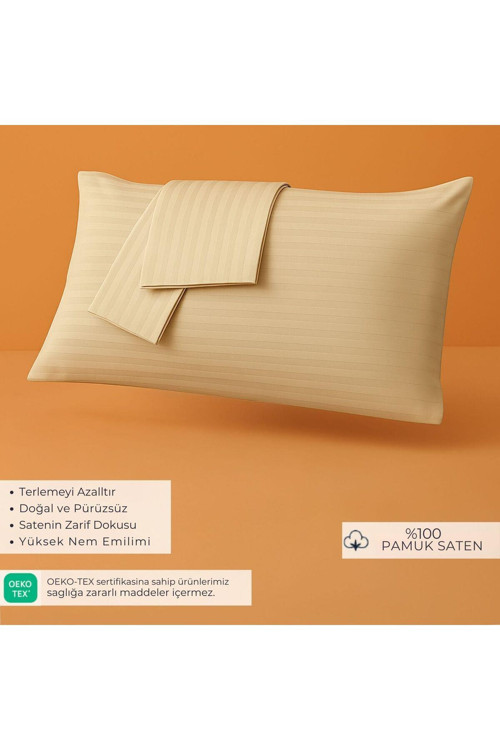 %100 Pamuk Saten Yastık Kılıfı 2'Li – Antrasit, Çizgili (50X70 Cm)