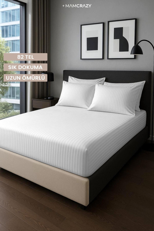 Satin Stripe %100 Pamuk Saten Çift Kişilik Çizgili Lastikli Çarşaf Seti Yastıklı 160X200+30