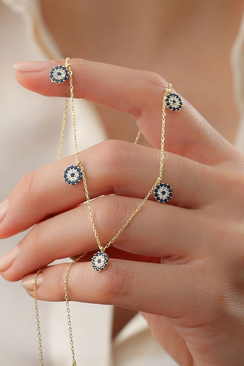 925 Ayar Gold 5'Li Nazar Gümüş Kolye