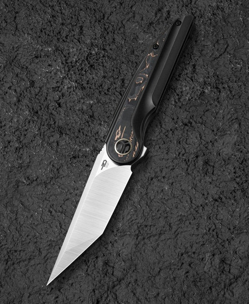 BESTECH BLIND FURY BT2303B Siyah Bronz Titanyum Bakır Karbon Fiber Kakma Sap Stonewash+Saten M390 Çelik Çakı