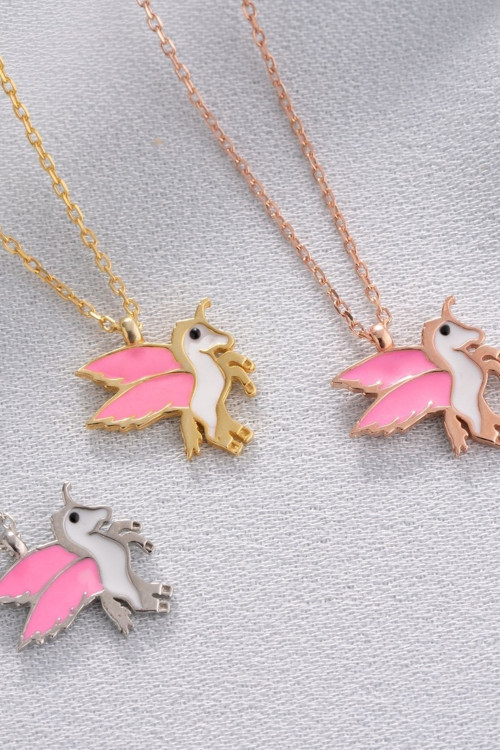 925 Ayar Gold Mineli Pembe Mineli Unicorn Gümüş Kolye