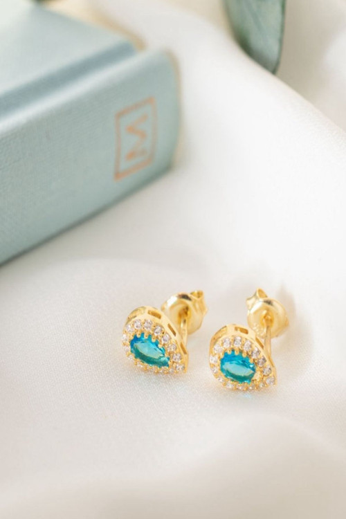 925 Ayar Gold Zirkon Taşlı Yuvarlak Aralık Ayı Blue Topaz Gümüş Küpe