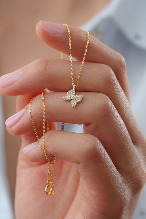 925 Ayar Gold Zirkon Taşlı Kelebek Gümüş Kolye