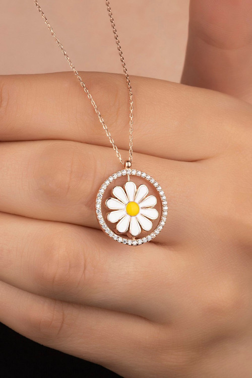 925 Ayar Rose Zirkon Taşlı Mineli Papatya Gümüş Kolye