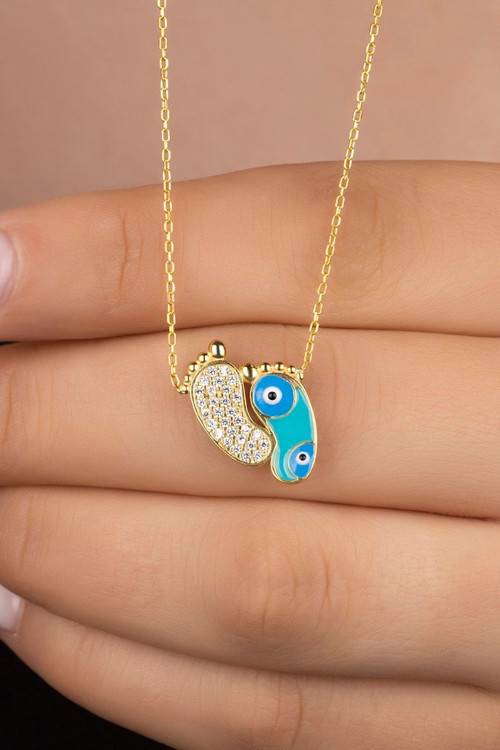 925 Ayar Gold Zirkon Taşli Nazarlı Ayak Gümüş Kolye