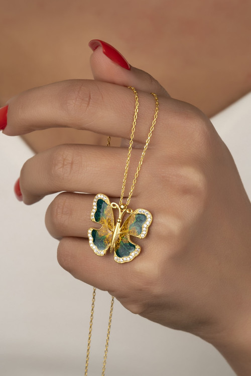 925 Ayar Gümüş Gold Kelebek Kolye