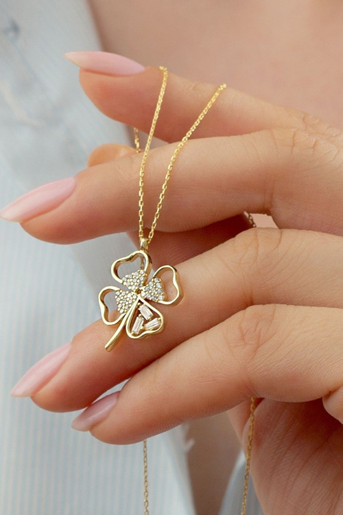 925 Ayar Gümüş Gold Yonca Kolye