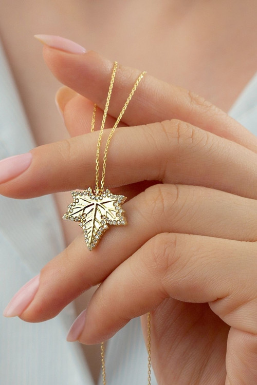 925 Ayar Gümüş Gold Yaprak Kolye