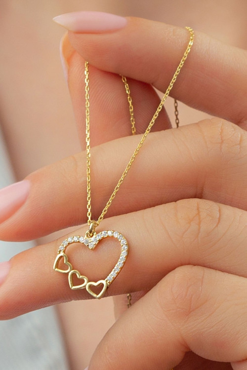 925 Ayar Gümüş Gold Üçlü Kalp Kolye