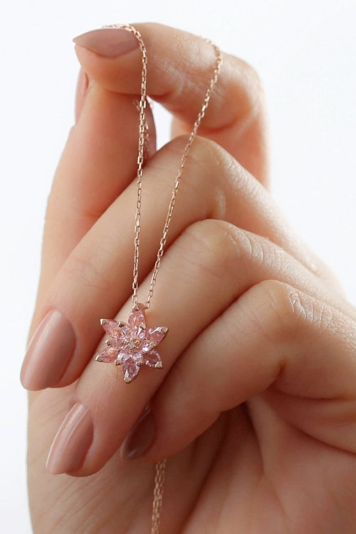 925 Ayar Gümüş Pembe Lotus Çiçeği Kolye