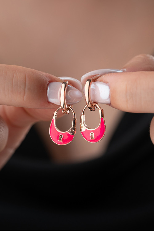 925 Ayar Gümüş Pembe Mineli Kilit Küpe