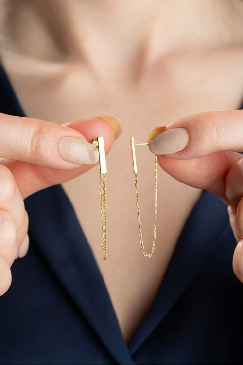 925 Ayar Gümüş Gold Zincir Küpe