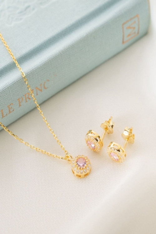 925 Ayar Gümüş Ekim Ayı Doğum Taşı ( Pink Tourmaline ) Kolye - Küpe Seti