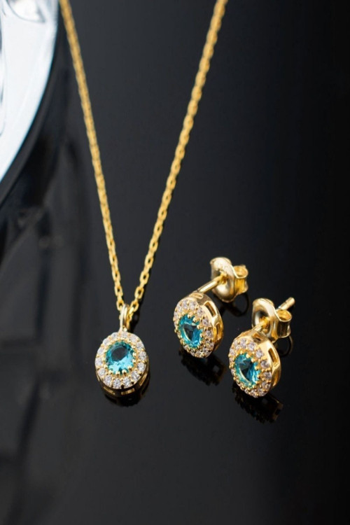 925 Ayar Gümüş Aralık Ayı Doğum Taşı ( Blue Topaz ) Kolye - Küpe Seti
