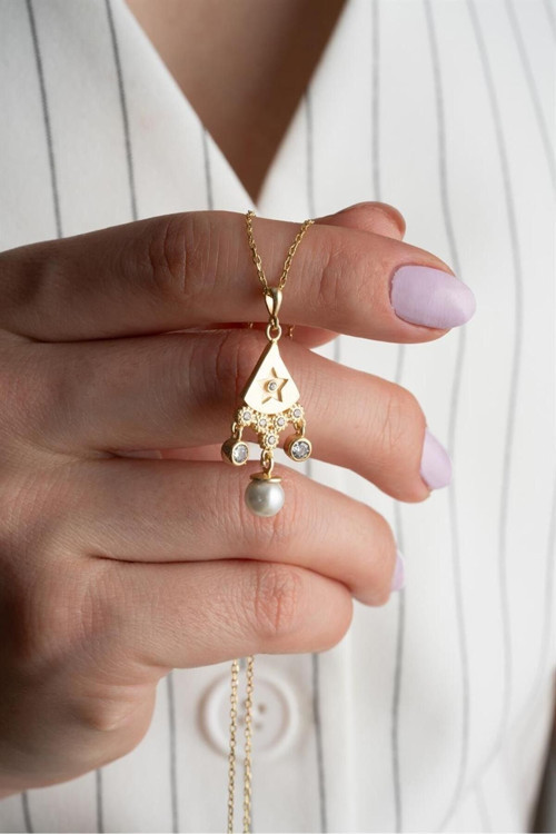 925 Ayar Gold Sallantılı İnci Gümüş Kolye
