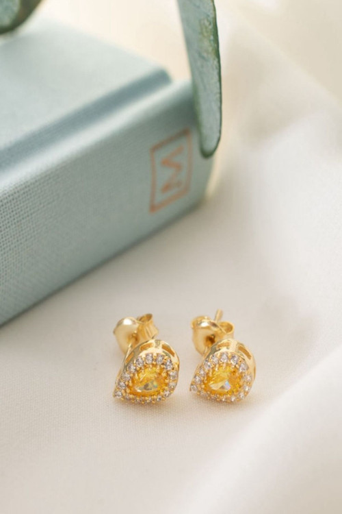 925 Ayar Gümüş Kasım Ayı Doğum Taşı ( Citrine ) Damla Küpe