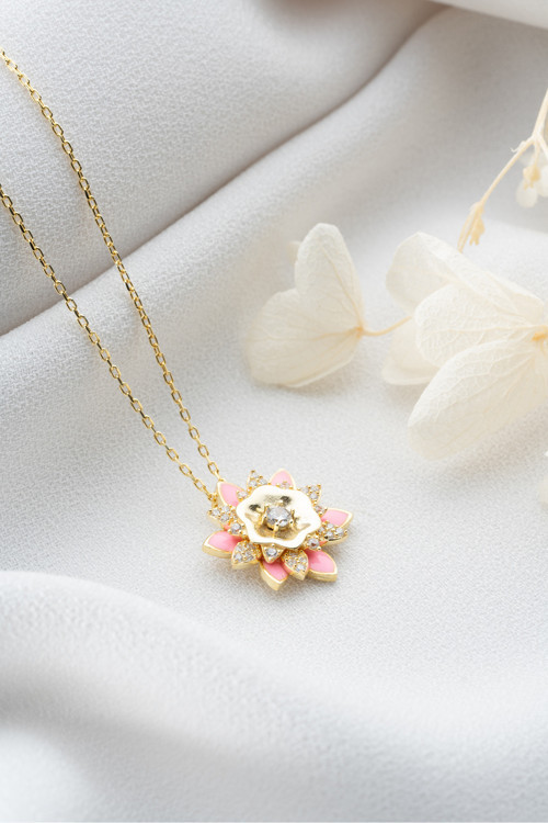 925 Ayar Gümüş Pembe Mineli Lotus Çiçeği Kolye