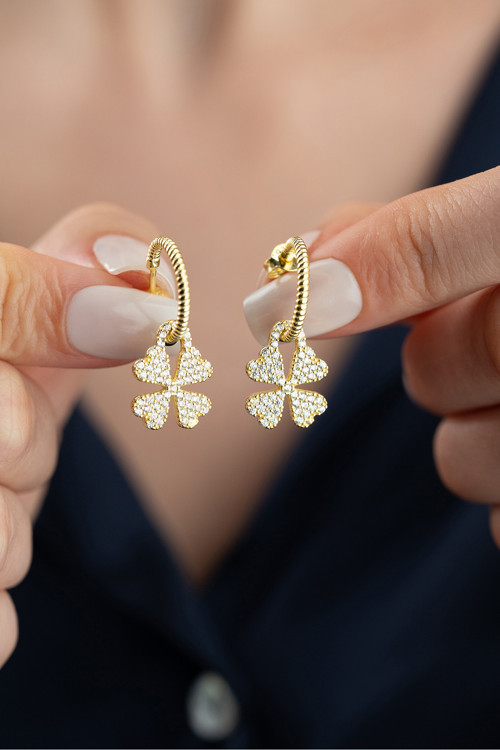 925 Ayar Gümüş Gold Zirkon Taşlı Yonca Küpe