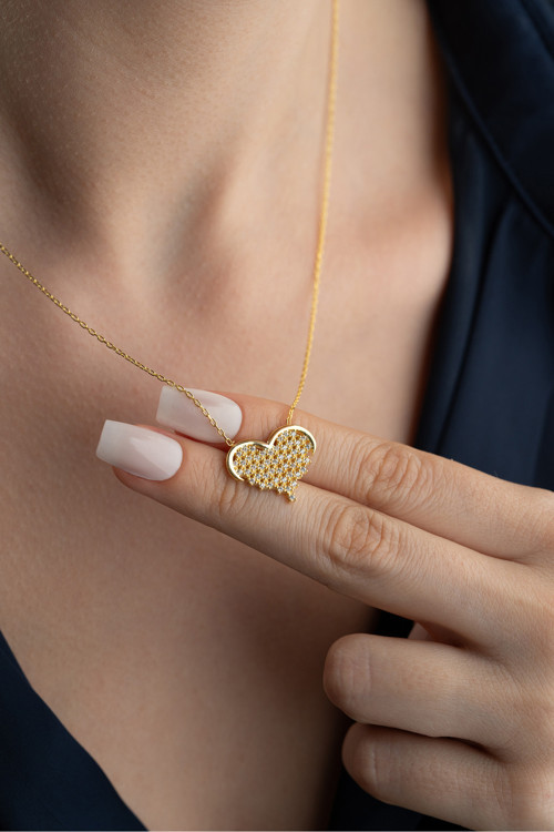 925 Ayar Gümüş Gold Zirkon Taşlı Kalp Kolye