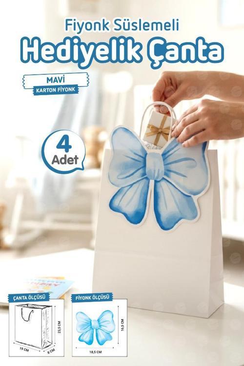 Burgu Saplı Karton Kurdeleli Çanta 4 adet Hediye Paketi Çanta Poşet (Mavi)doğum günü, düğün, bebek partisi-T1542