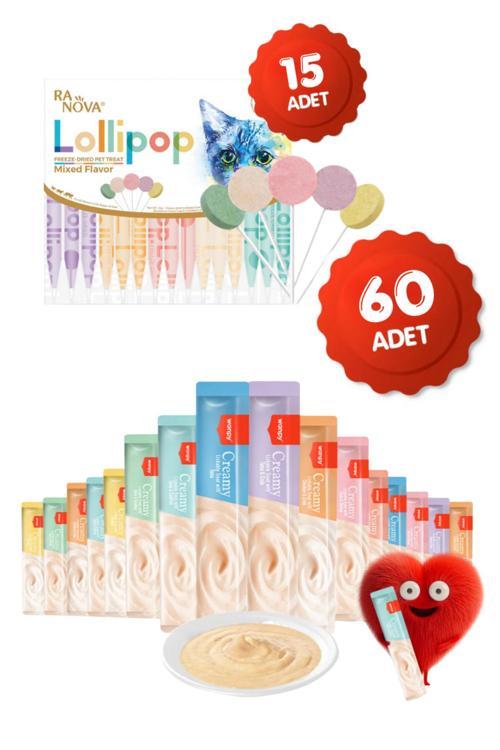 Krema Kedi Ödül Maması 60 Adet 14Gr 15Li Karışık Lezzet Lolipop Kedi Ödülü Hediyeli