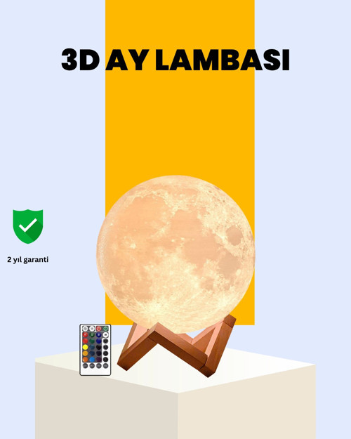 Şarjlı 3D Baskılı 16 Renk Ay Lambası Ahşap Stand ve Uzaktan Kumanda