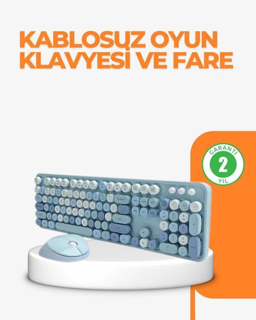 Kablosuz Retro Klavye ve Mouse Seti – 104 Tuşlu Sevimli Tasarım