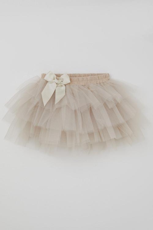 Kız Çocuk Tütü Etek Tül Detaylı Katlı Fiyonk Aksesuarlı 4-8 Yaş, Taş