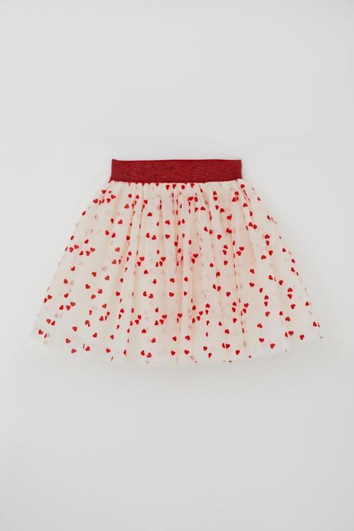 Kız Çocuk Tütü Etek Kalp Desenli Beli Lastikli 5-10 Yaş, Krem